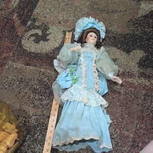 Victorian-Style Porcelain Doll in Light Blue Dress